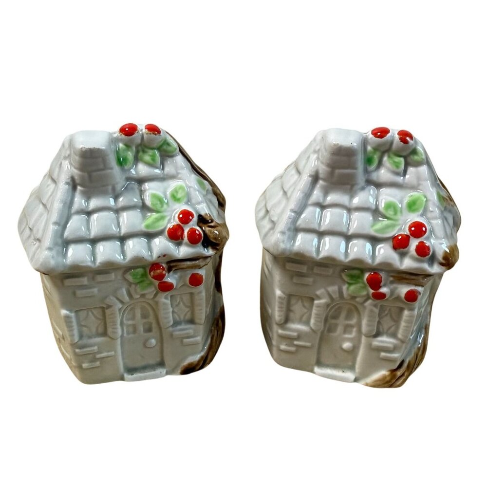Vintage Enesco House Cottage Core Ceramic Salt Pepper Shakers Apple Tree Japan